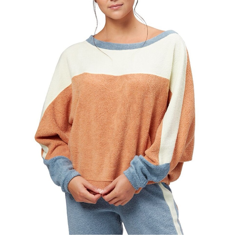 Free People-RAGABOND Colorblock Rust/Blue/Cream Fleece Pullover Top